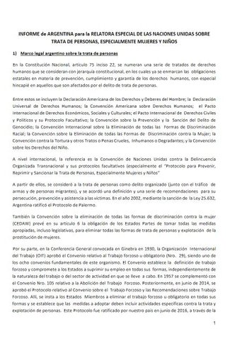 Informe de Argentina para la Relatoria Especial de las Naciones Unidas document cover